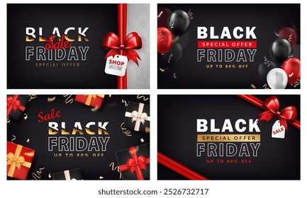 Set von Verkaufsbannern mit 3D-Geschenkboxen mit Schleife, goldenem Konfetti, Ballons, Preisschild für BLACK FRIDAY Event. Karten mit Partyschlangen und Präsentieren von Paketen mit Sonderangebot für den Online-Einkauf