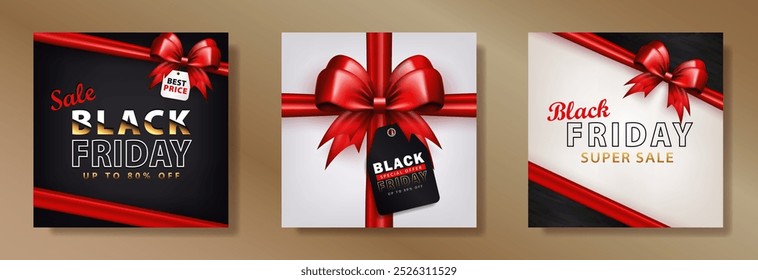 Set of sale banners with 3d white gift bow and price tag with promo for BLACK FRIDAY event. Social Media square posts, cards with silk ribbon and discount label with special offer for online shopping