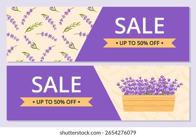 set of sale banners design with lavender flowers, with SALE and UP TO 50 OFF prominently displayed. Perfect for promotions, discounts, or seasonal offers. Vector illustration