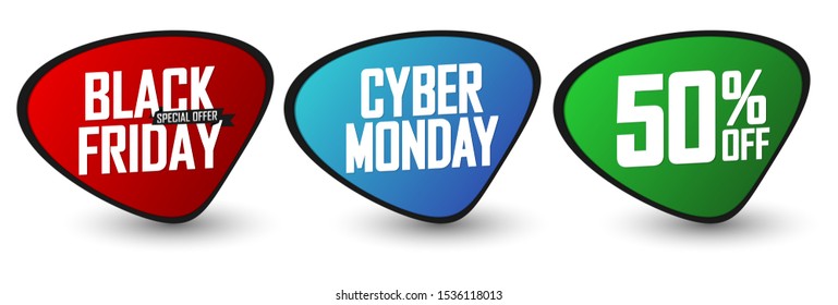 Set Sale banners design template, Cyber Monday, Black Friday, 50% off, vector illustration