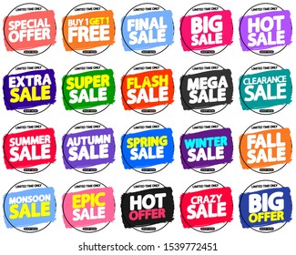 Set Sale banners design template, discount tags, grunge brush, vector illustration