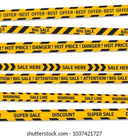 Set sale banners, discount ribbons, hot price stripe.  Stylised yellow lines isolated vector illustration. 