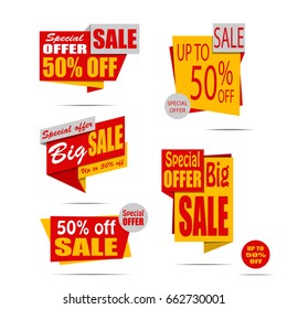 Set of sale banners in flat style for website design. Red and yellow discount posters, Sale tag, label, badge. Big sale, 50% off, Up to 50% off, Special offer. Vector illustration, eps10.