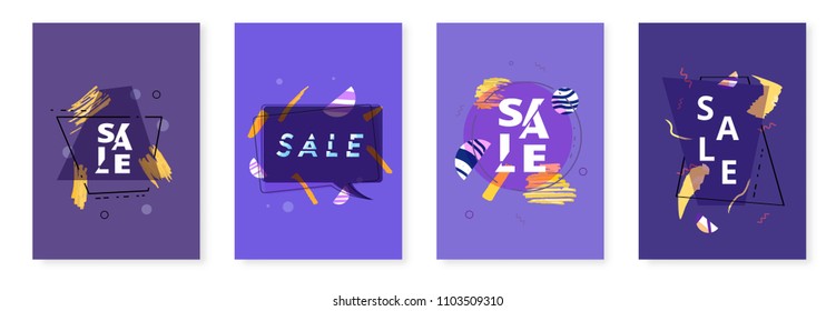 Set of Sale banners with geometric abstract composition. Dark promotion cards with sliced trendy text. Violet vertical posters for advertising design and social media. Vector illustration.