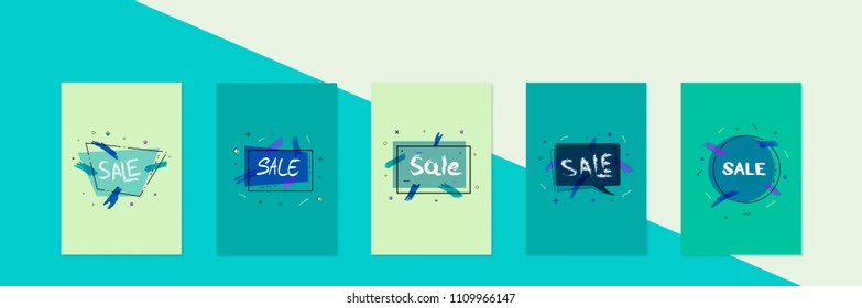 Set of Sale banners with geometric abstract composition. Promotion cards with text. Posters for advertising design and social media posts. Vector illustration.