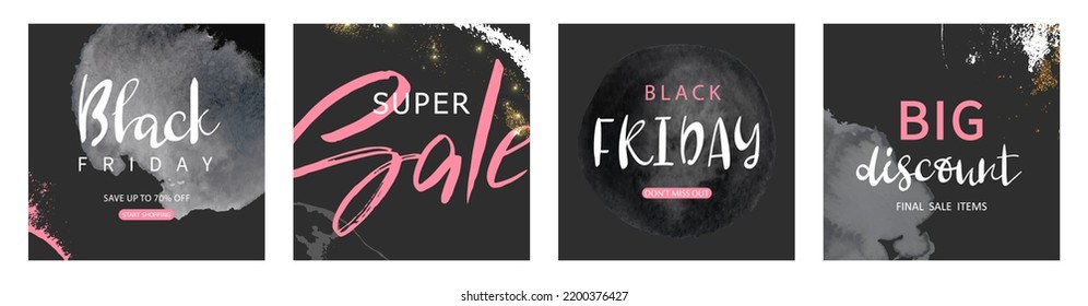 Verkaufsbanner mit Grunge-Elementen, Pinselstrichen und handgeschriebenen Inschriften. Black Friday Verkaufs-Banner. Vektorgrafiken von Bannern, Poster, Anzeigen, Coupons für mobile Websites.