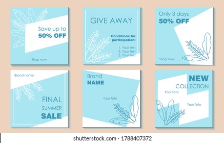 Set of sale banners with leaves and plants for instagram posts and other ads: banner, card, or flyer. Trendy modern vector template design.