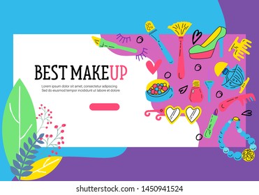 Set of sale banners with makeup cosmetics. Red lipstick, mascara, powder and cosmetic pencils. Vector horizontal and square banners. Design concept for makeup cosmetics label, flyer, gift card.