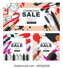 Vector De Stock Libre De Regalias Sobre Set Sale Banners Makeup Cosmetics Watercolor