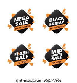 Set of sale banners, mega sale, black friday, flash sale and mid month sale, design template, vector illustration