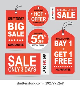 Set of sale banners on a light background. Big sale. White and dark text. Red discount posters, Sale tag, label, badge. Special offer, Up to 50% off. Vector illustration, eps10