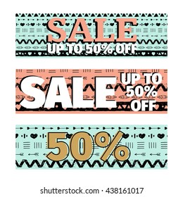 Set of sale banners promotion design template vector illustration with background in hand drawn tribal pattern with heart, arrows style. 