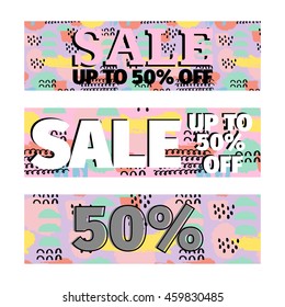Set of sale banners promotion design template vector illustration with background in retro 80s, 90s memphis style. Text for wed, business, commerce, shop, store.