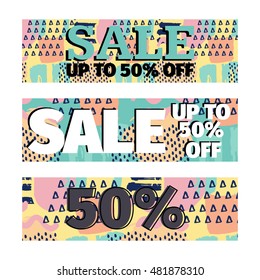 Set of sale banners promotion design template vector illustration with background in retro 80s, 90s memphis style. Text for wed, business, commerce, shop, store.