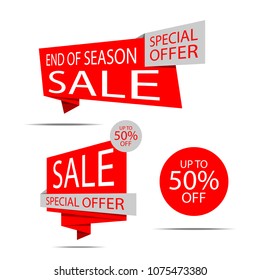 Set of sale banners. Red discount posters on a light background, Sale tag, label, badge. 50% off. End of season sale. Special offer. Vector illustration, eps10