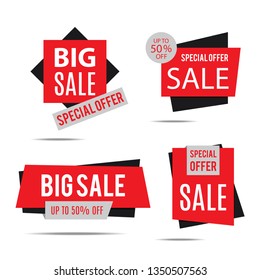 Set of sale banners. Red discount posters. Sale tag, label, badge, sticker. Special offer. Up to 50% off. Big sale. Vector illustration, eps10