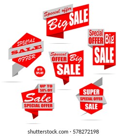 Set of sale banners. Red discount posters, Sale tag, label, badge, sticker, flat style. Special offer, Up to 50% off. Vector, eps10