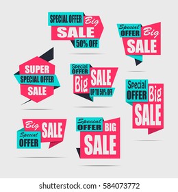 Set of sale banners. Red discount posters. Special offer, Up to 50% off, 50% off. Sale tag, label, badge, sticker, flat style. Vector illustration, eps10