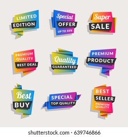 Set of sale banners. Shopping tags. Discount and promotional colorful origami stickers. Vector illustration.