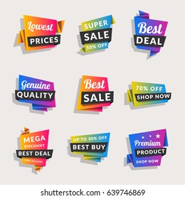 Set of sale banners. Shopping tags. Discount and promotional colorful origami stickers. Vector illustration.
