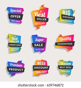 Set of sale banners. Shopping tags. Discount and promotional colorful origami stickers. Vector illustration.