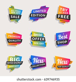 Set of sale banners. Shopping tags. Discount and promotional colorful origami stickers. Vector illustration.