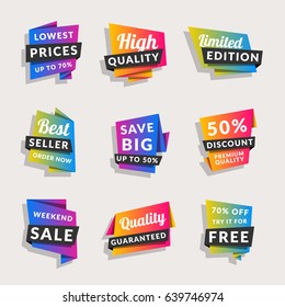 Set of sale banners. Shopping tags. Discount and promotional colorful origami stickers. Vector illustration.