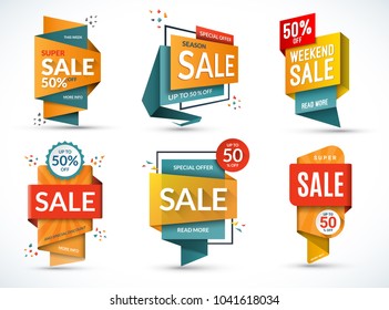 Set of sale banners. Special offer templates. Discount labels. Up to 50 percent off vector badges. Half price colorful stickers. Shopping backgrounds
