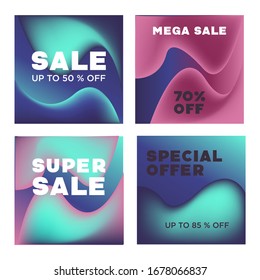 Conjunto de banners de venta plantilla vectorial. Diseño fluido y abstracto para medios sociales, anuncios, ofertas especiales, ventas y descuentos. Diseño degradado con colores azul y rosa