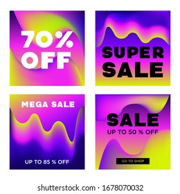 Set of sale banners vector template. Fluid abstract design for social media, ads,  special offers, sales and discounts. Gradient design with blue,  pink, yellow colors