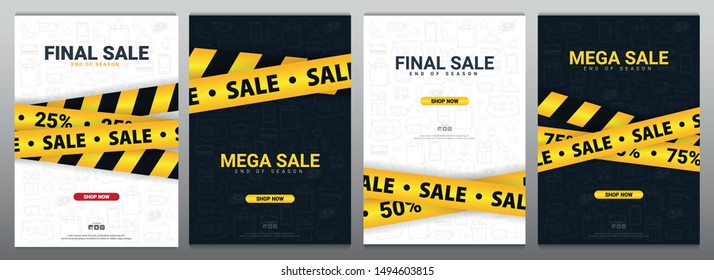 Set of Sale banners with yellow Caution lines. Hand draw doodle icons on the background