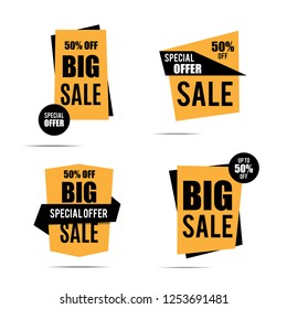 Set of sale banners. Yellow discount posters with shadow. Special offer. Big sale. Up to 50% off. 50% off. Vector illustration, eps10