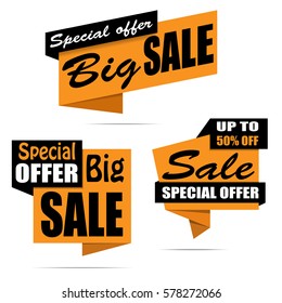 Set of sale banners. Yellow discount posters, Sale tag, label, badge, sticker, flat style. Special offer. Up to 50% off. Vector, eps10