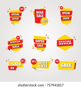 Set of sale banners, yellow and red website stickers, vector illustration