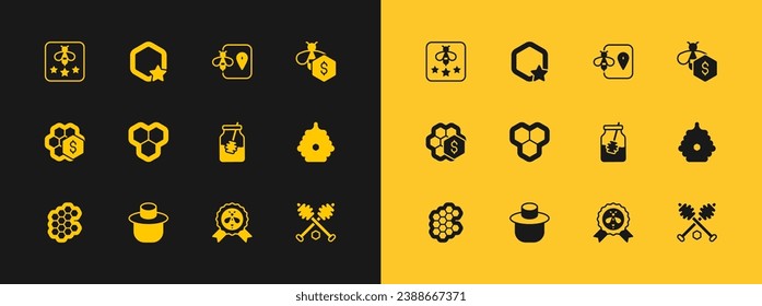 Set Sale of bees, Beekeeper with protect hat, Jar honey and dipper stick, Best, Honeycomb, location, Type and  icon. Vector