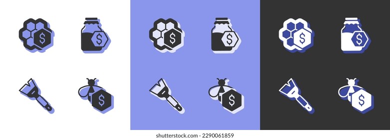 Set Sale of bees, honeycomb, Beekeeping brush and jar icon. Vector