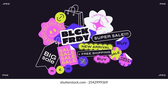 Set sale black friday stickers, patches, labels, tags for shopping. New collection of discounts. Vector set, trendy promo labels