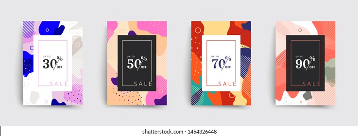 Set of sale brochures templates. Memphis cover template 30 off, 50, 70, 90 percent sale label symbols, discount promotion icon. Trendy colorful bubble shapes composition. Vector backgrounds.