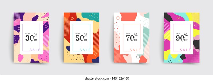 Set of sale brochures templates. Memphis cover template 30 off, 50, 70, 90 percent sale label symbols, discount promotion icon. Trendy colorful bubble shapes composition. Vector backgrounds.