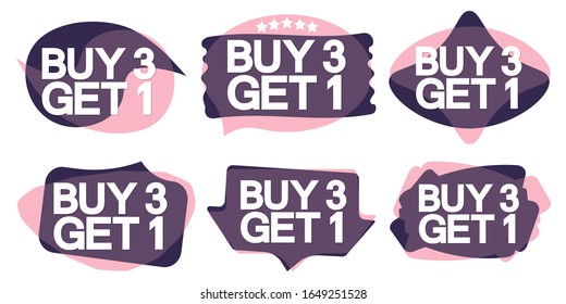 Set Sale bubble banners design template, discount tags, buy 3 get 1 free, app icons, vector illustration