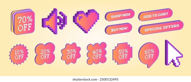 Set of sale Buttons and icons. Y2k trendy stickers. Discount 20 off. Colorful isolated labeling. Special offers, big promo stickers. Modern purple futuristic style, pixel art, badge set vibrant