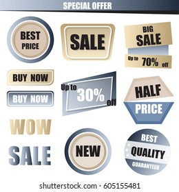 Set of sale, buy now, new, half price banner in blue and gold pastel style.