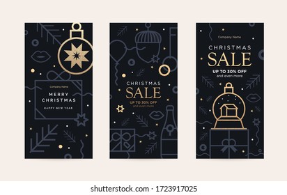 Set of sale cards holiday decorations in the style of abstract contour art.  Includes a balloon, confetti, and a Christmas glass ball with Gold grunge texture. New year's design template. Vertical