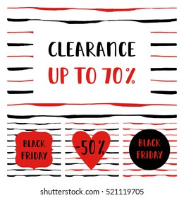 Set of Sale cards vector Illustration.
Sale offer banner with hand drawn background. 
Sale poster with Black friday, -70%, Clearance up to lettering. 
Advertising vector banner template.