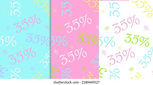 Set of sale colorful Seamless pattern made of discount signs on white background. Flat Art Vector illustration