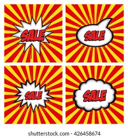 Set of sale comic expressions on striped backgrounds