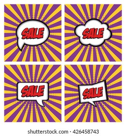 Set of sale comic expressions on striped backgrounds