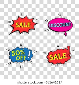 Set of sale comic text speech. Promo bubbles phrase . Vector offer template for social media website, poster, flyer, email, newsletter, advertisement, promotional material.