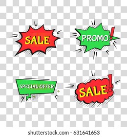 Set of sale comic text speech. Promo bubbles phrase . Vector offer template for social media website, poster, flyer, email, newsletter, advertisement, promotional material.