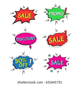 Juego de palabras cómicas en venta. Promo frase de burbujas . Plantilla de oferta vectorial para sitios web de medios sociales, afiche, volante, correo electrónico, boletín informativo, publicidad, material promocional.